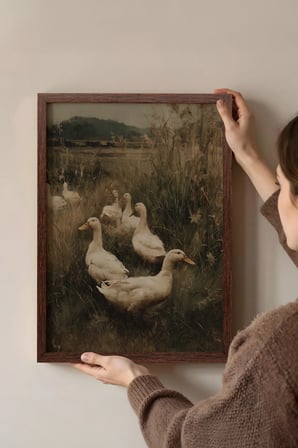 Vintage Duvar Tablosu, Doğada Yürüyen Ördekler Kahverengi Çerçeveli No: 20119