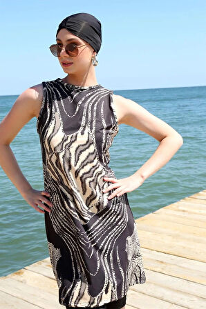 Sıfır Kol Leopar Yarım Tesettür Mayo Siyah