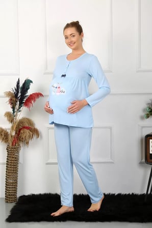 Kadın Uzun Kol Hamile Lohusa Pijama Takımı Mavi