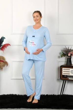 Kadın Uzun Kol Hamile Lohusa Pijama Takımı Mavi
