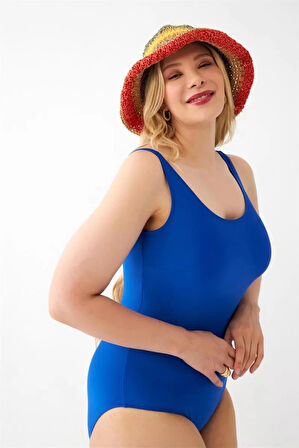 Kadın Saks Mavisi Büyük Beden Düz Tek Parça Mayo