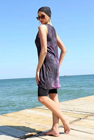 Sıfır Kol Desenli Yarım Tesettür Mayo Mor