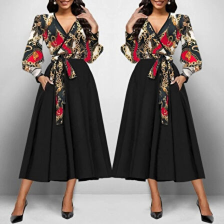 Kadın Uzun Kollu Kruvaze Yaka Dalgıç Krep Midi Boy Elbise