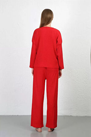 Kadın Bürümcük Kumaş Pijama Takım Kırmızı