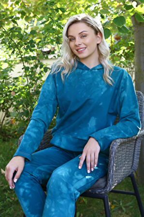 Kadın Pamuk Kapşonlu Cepli 3 İplik Turkuaz Eşofman Takım