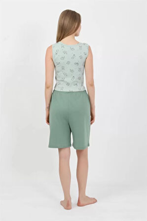 Kadın Kalın Askılı Pamuk Penye Şortlu Crop Takım SuYeşili