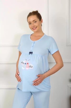 Kadın Kısa Kol Hamile Lohusa Pijama Takımı Mavi