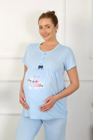 Kadın Kısa Kol Hamile Lohusa Pijama Takımı Mavi