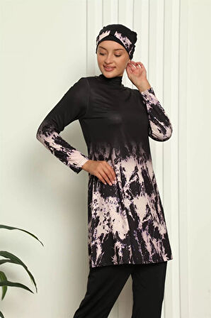 Tam Tesettür Dijital Desenli Mayo Siyah
