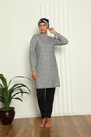 Tam Tesettür Dijital Desenli Mayo Siyah - Beyaz