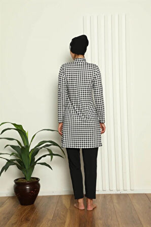 Tam Tesettür Dijital Desenli Mayo Siyah - Beyaz