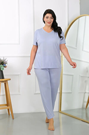 Kadın Büyük Beden Kısa Kol Penye Pijama Takımı Lila