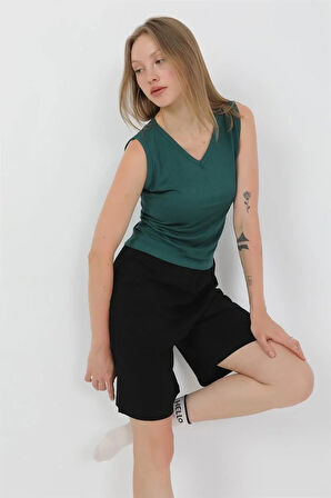 Kadın Kalın Askılı Pamuk Penye Şortlu Takım Yeşil