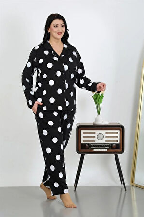 Kadın Büyük Beden Pamuklu Cepli Düğmeli Siyah Pijama Takım