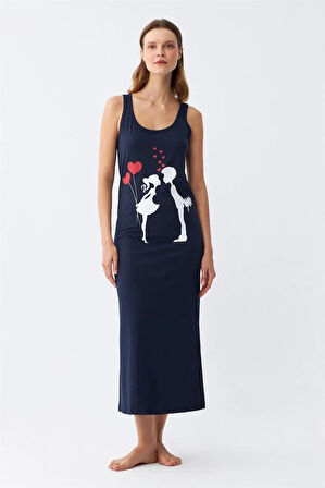 Kadın Kalın Askılı Penye Uzun Lacivert Gecelik