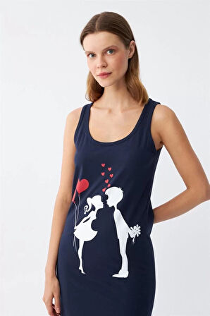 Kadın Kalın Askılı Penye Uzun Lacivert Gecelik