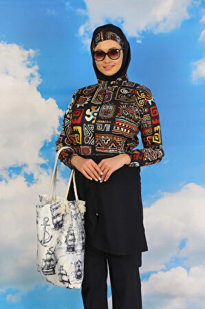 Kadın Pantolonlu Desenli Tam Tesettür Mayo Lacivert