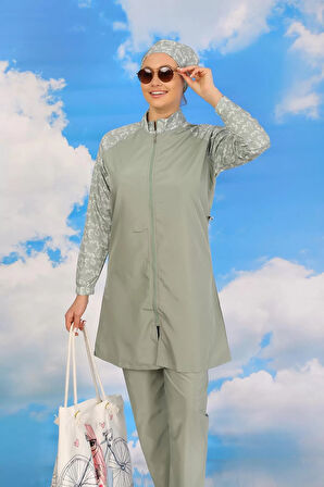 Kadın Pantolonlu Desenli Tam Tesettür Mayo Su Yeşili