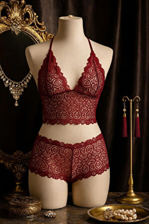 Kadın Bordo Dantel Bralet Şort Takımı – Asil ve Sofistike İç Giyim