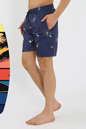 Erkek Desenli Fermuar Cepli Deniz Şortu Lacivert