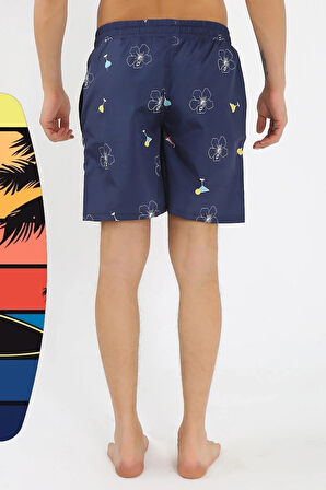 Erkek Desenli Fermuar Cepli Deniz Şortu Lacivert