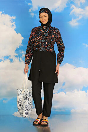 Kadın Pantolonlu Desenli Tam Tesettür Mayo Siyah