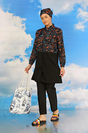 Kadın Pantolonlu Desenli Tam Tesettür Mayo Siyah