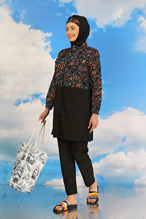 Kadın Pantolonlu Desenli Tam Tesettür Mayo Siyah