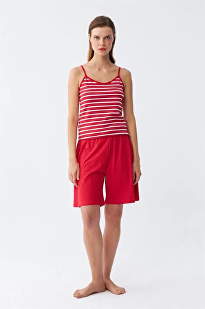 Kadın İp Askılı Pamuk Penye Şortlu Takım Kırmızı