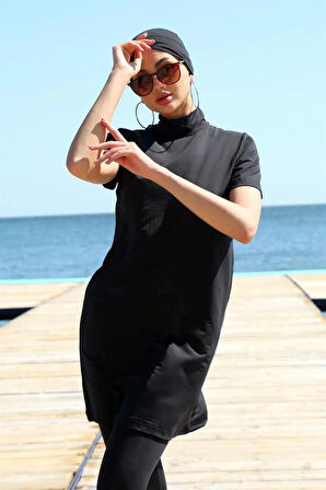 Kısa Kol Siyah Yarım Tesettür Mayo