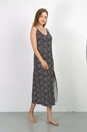 İp Askılı Uzun Yırtmaçlı Penye Gecelik Lacivert