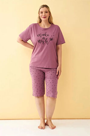 Kadın Mürdüm “Make a Wish” Yazılı Büyük Beden Kapri Pijama Takımı
