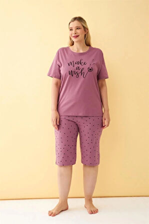 Kadın Mürdüm “Make a Wish” Yazılı Büyük Beden Kapri Pijama Takımı