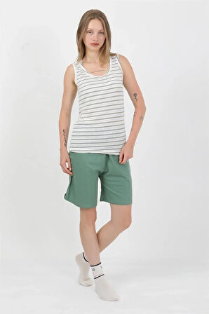 Kadın Kalın Askılı Pamuk Penye Şortlu Takım Yeşil