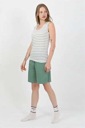 Kadın Kalın Askılı Pamuk Penye Şortlu Takım Yeşil