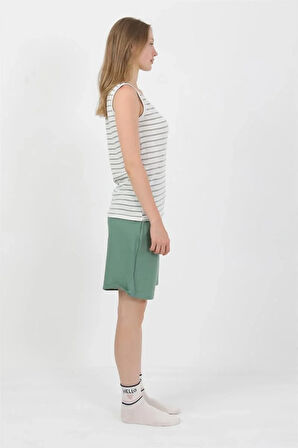 Kadın Kalın Askılı Pamuk Penye Şortlu Takım Yeşil