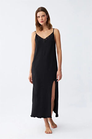 Kadın İp Askılı Uzun Gecelik Siyah
