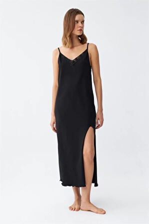 Kadın İp Askılı Uzun Gecelik Siyah