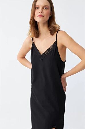 Kadın İp Askılı Uzun Gecelik Siyah