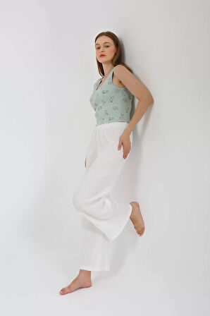 Kadın Kalın Askılı Body Bol Paça Pantolon 2`li Takım Beyaz