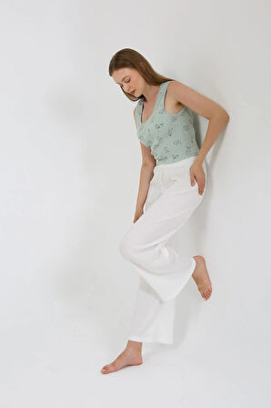 Kadın Kalın Askılı Body Bol Paça Pantolon 2`li Takım Beyaz