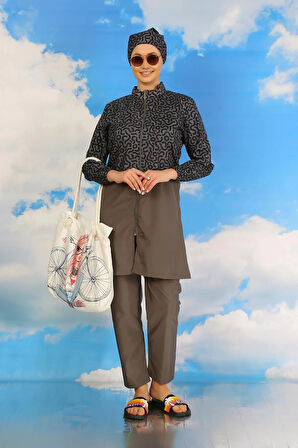 Kadın Pantolonlu Desenli Tam Tesettür Mayo Füme