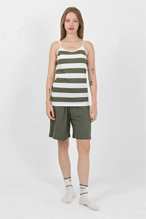 Kadın İp Askılı Pamuk Penye Şortlu Takım Haki