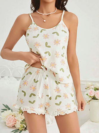 Kadın Ekru Çiçek Baskılı Şortlu Gecelik Pijama Takımı 5047