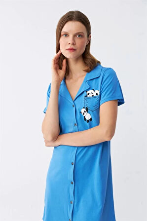 Kadın Pamuk Penye Kısa Kol Düğmeli Mavi Tunik Gecelik