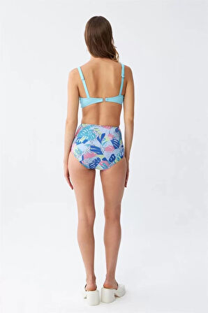 Kadın Pedli Üst Tropik Desenli Yüksek Bel Bikini Takımı - Buz Mavisi
