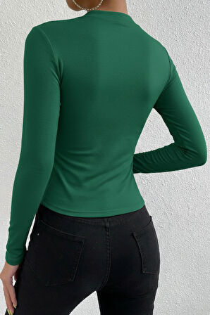 Kadın Yeşil Belden ve Boyundan Büzgü Detaylı Uzun Kollu Bluz