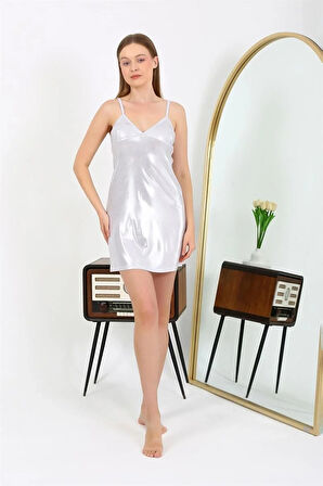 İp Askılı Micro Kumaş Kısa Parlak Gecelik Ev Giyim Gri