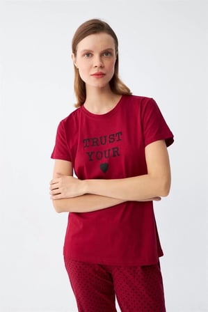 Kadın Bordo Kalp Desenli Kısa Kollu Penye Pijama Takımı