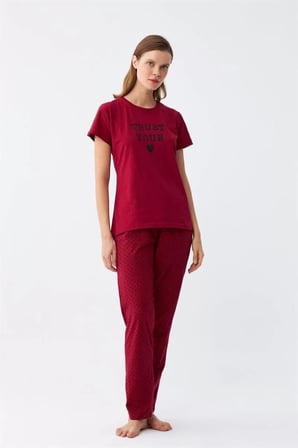 Kadın Bordo Kalp Desenli Kısa Kollu Penye Pijama Takımı